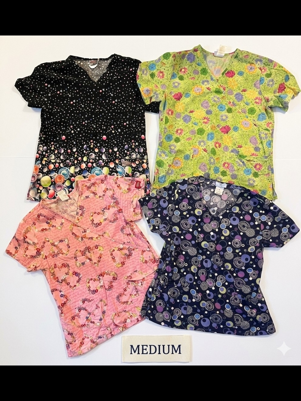 Mixed Women's Scrub Tops - Patterned V-Neck Lot - Medium - Multicolor